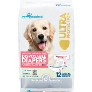 Paw Inspired Disposable Dog Diapers | Female Dog Diapers Ultra Protection | Diapers for Dogs in Heat, Excitable Urination, or Incontinence (12&144 Count) (X-Large (12 Count))