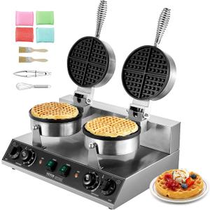 VEVOR Commercial Waffle Maker, Dual-Head Round Waffle Baker Machine, 2460W Non-Stick Stainless Steel Belgian Waffle Iron with Temp and Time Control, Handle, for Restaurant Bakery Snack Bar Family