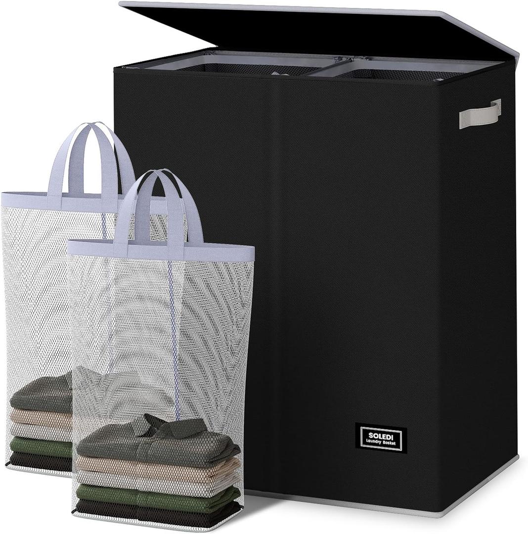 SOLEDI Double Laundry Hamper with Lid and Removable Laundry Bags - Large Dirty Clothes Hamper 2 Section - Collapsible Laundry Baskets for Bedroom, Bathroom, Laundry room, Apartment, Black (145L)