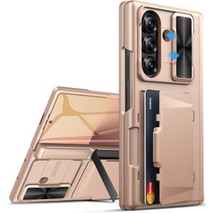 for Samsung Galaxy Z Fold 7 Case with Stand, Built-in Card Holder & Hinge Protection & Sliding Camera Lens Cover & Screen Protector, Rugged Heavy Duty Phone Case for Z Fold 7 2025, Rose Gold