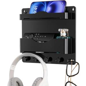 JUMEIHUI Bedside Wall Shelf with Glasses hooks Adhesive Bedside Organizer Wall Mount for Dorm and Room Accessories PhoneRemoteEarphone Kindle (Black)