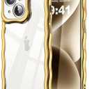 3 x SKYLMW Compatible with iPhone 14 Plus Case, Kawaii Cute Curly Wave Frame Luxury Plating Edge, Stylish Glossy Clear Back, Soft TPU Shockproof Protective Cases for iPhone 14 Plus, Gold