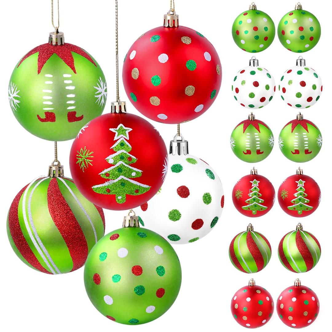 18pcs Christmas Balls Ornament 2.4 Inch Red Green Glittering Hanging Christmas Balls for Tree Swirl Candy Cane Polka Dots Christmas Tree Baubles for Home Indoor Holiday Party Decor