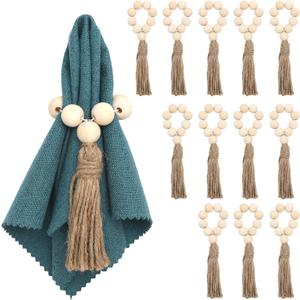 Wooden Bead Napkin Rings Set of 12, Farmhouse Stretchable Napkin Rings with Jute Rope Tassel, Rustic Boho Napkins Ring for Thanksgiving Table Decor Wedding Banquet Dining Party Decoration