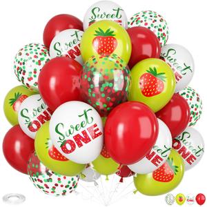 Strawberry Print Balloons Red Green, 30Pcs 12Inch Berry Print Balloon Red Green Confetti balloons for Sweet One Baby on the Way Girls First Birthday Summer Fruit Strawberry Theme Party Decorations