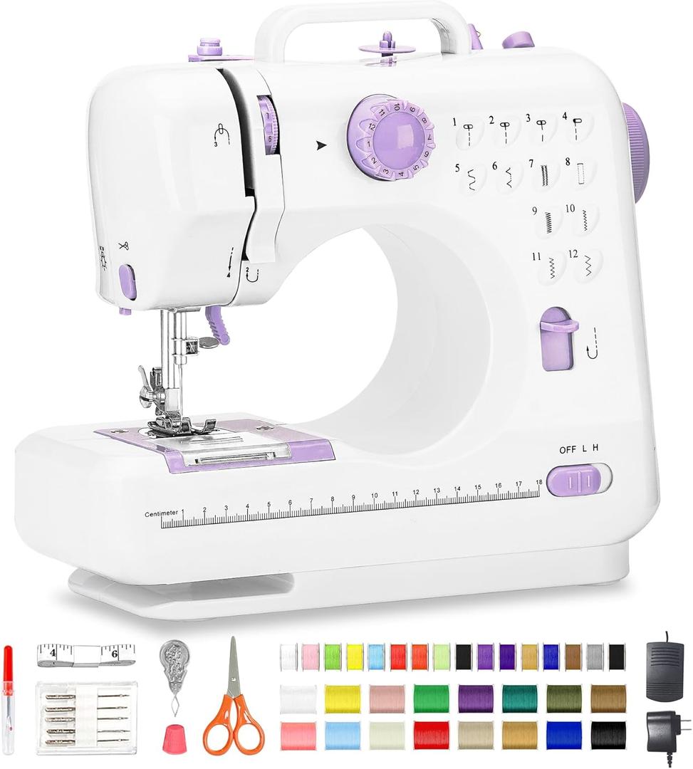 Sewing Machine for Beginners with 12 Built-in Stitches, Mini Sewing Machine with Foot Pedal, High-Low Speeds, Portable and Sewing Enthusiasts (505) (Pink)