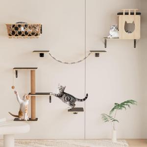 5-in-1 Cat Wall Shelves Set with Hammock, Wall-Mounted Cat Furniture Includes Condo, Bridge, Ladder & Steps for Indoor Cats, Safe & Stable (Gray)