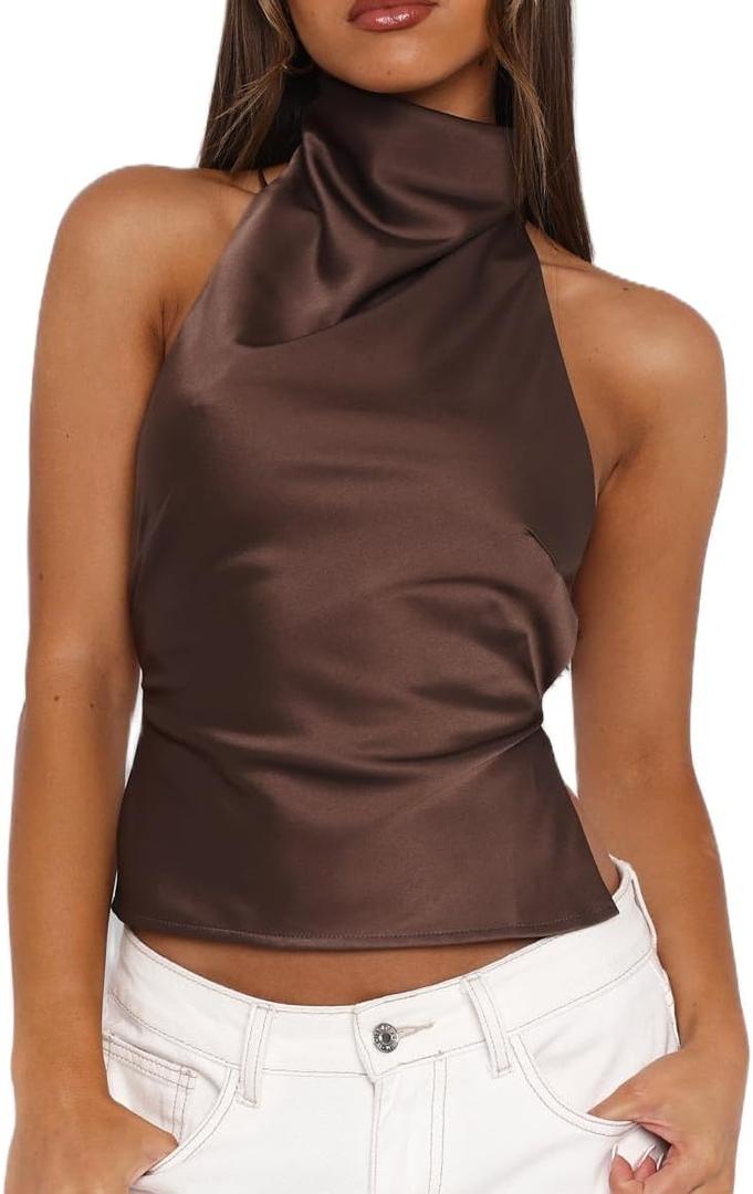 Women Y2k Polka Dots Halter Tank Tops Cute High Mock Neck Backless Cami Sexy Open Back Camisole Going Out Tops (Brown, M)