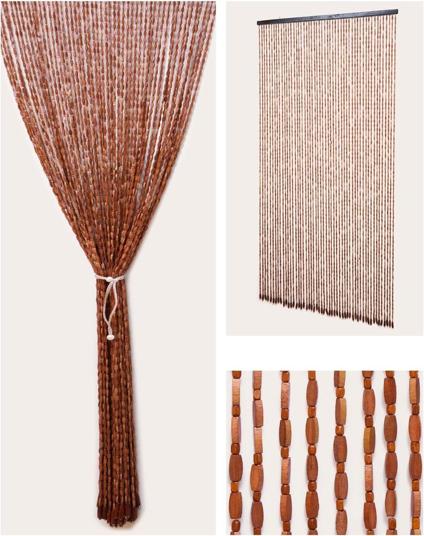 52 Strands Beaded Curtain for Doorways -35.4"x79"- Handmade Natural Beaded CurtainsBoho Doorway Wood and Bamboo Bead Curtain-As Insect Screen/Room Divider-Brown