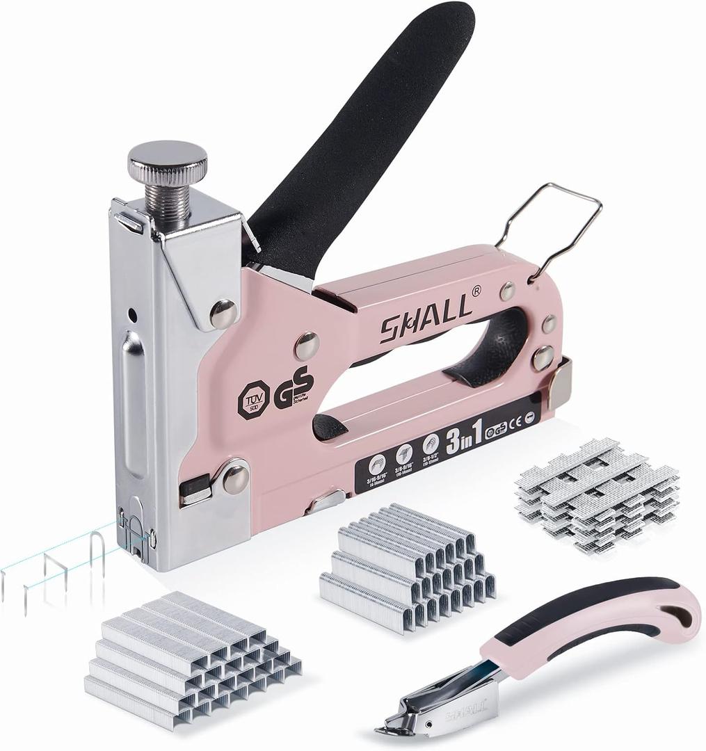 SHALL Staple Gun Heavy Duty, 3-in-1 Upholstery Staple Gun Kit with 3000 Staples, Stapler Remover, Manual Brad Nailer with Specific Staples Outlet Position Indicator (Pink)