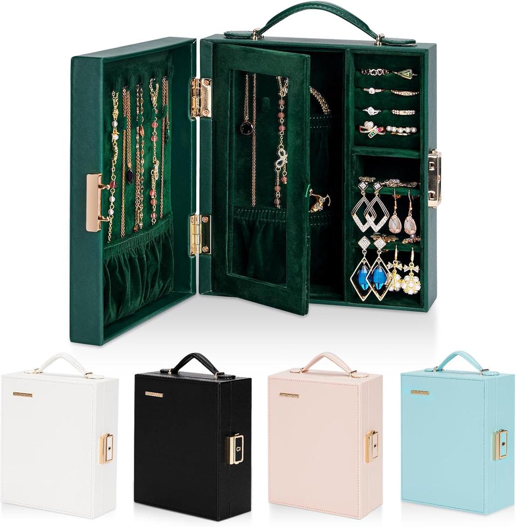 Travel Jewelry Case, Essentials for vacation, Portable Bangle Box with Mirror, PU Leather Small Watch Organizer for Rings, Earrings, Necklaces, Bracelets (Dark Green)