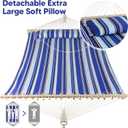 SUNCREAT Hammocks Quilted Fabric Hammock, Double Hammock with Spreader Bar, Soft Pillow, Max 475lbs Capacity, Blue Stripes, 122"L x 55.1"W