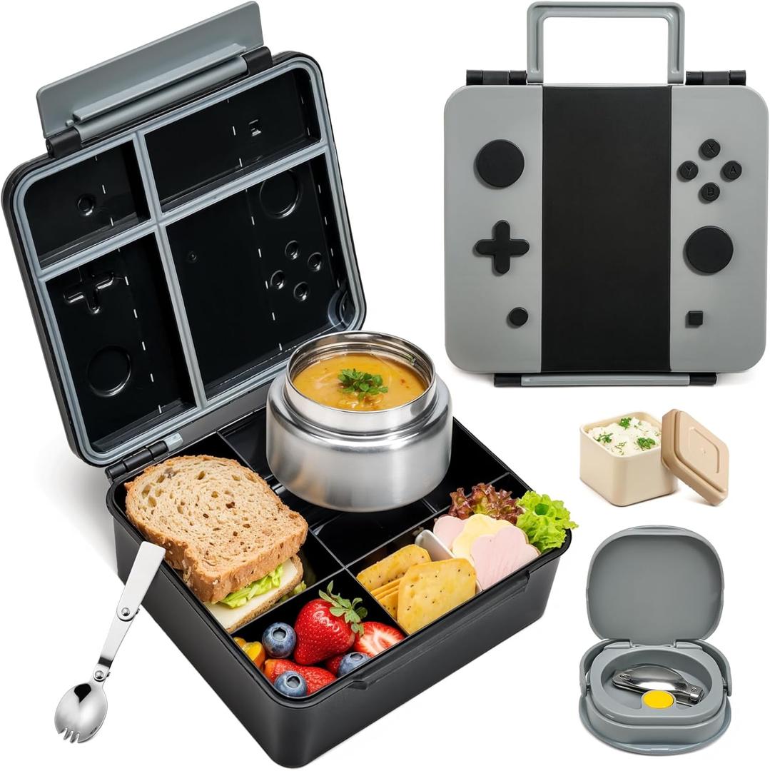 FAJSL Game Bento Box for Kids, Lunch Box with Thermo(9oz Food Jar), Folding Spoon, Removable Divider & Sauce Cup, Lunch Box Kids for School,Travel, BPAFree & Realistic Shape(Grey)