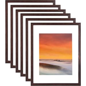 11x14 Picture Frame Set of 6, Display Pictures 8x10 with Mat or 11x14 Without Mat for Wall Tabletop Vertical Horizontal Display, Wall Gallery Photo Frames, Brown
