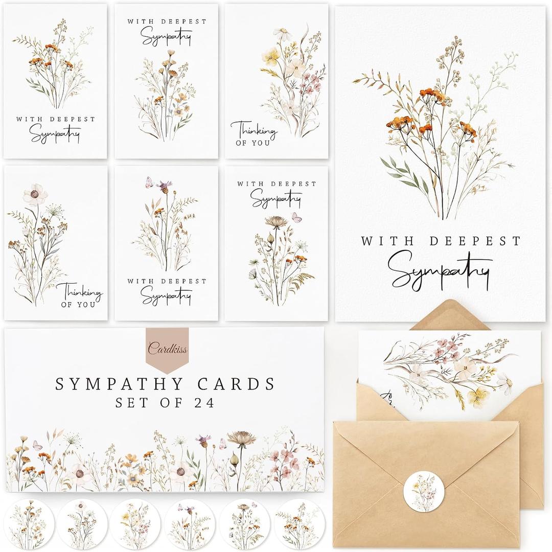 24 Pcs Bulk Sympathy Cards with Envelopes, Condolence Cards with 6 Designs | Quality Materials with Thoughtful Messages Inside| 6 Watercolor-style Designs Evoke an Elegant and Poetic Ambiance