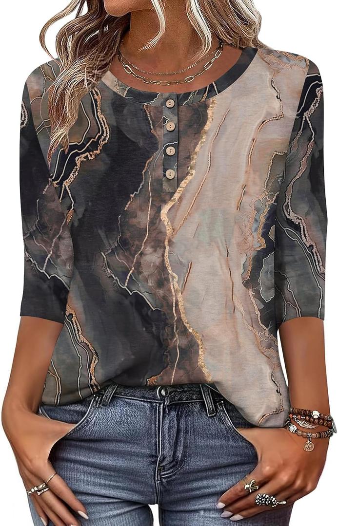 Zeagoo 3/4 Length Sleeve Women Tops Crew Neck Blouses Dressy Casual Summer T Shirts Loose Fit Business Work Clothes (M)