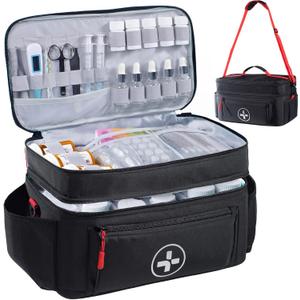 BAGSFY Travel Medicine Bag Organizer, Medical Bag Empty, Pill Bottle Organizer for Home, Large Medication Storage, Travel Carrying Case First Aid Kit Bags Empty, Emergency Kit. (Double-Layer(Style A), Black)