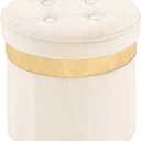 xuperbonus Small Ottoman with Storage,Folding Round Ottoman with Gold Trim,Velvet Storage Stool,Foot Stool with Soft Padded,Foot Rest for Living Room13x13x12.4(Beige,1pcs)