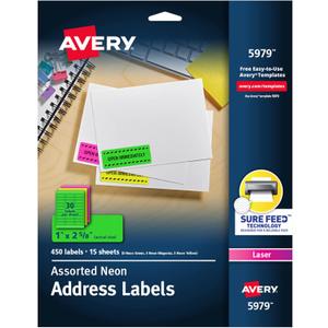 Avery Printable Address Labels with Sure Feed, 1" x 2-5/8", Assorted Neon (Magenta, Green and Yellow), 450 Blank Mailing Labels for Laser and Inkjet Printers (5979)