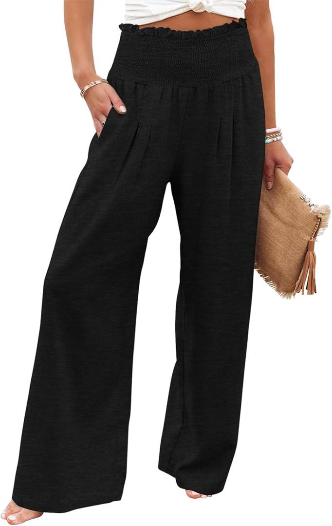 GEMLON Womens Wide Leg Pants High Waisted Palazzo Pants Lightweight Flowy Lounge Trousers Baggy Pants with Pockets (Large, Black)