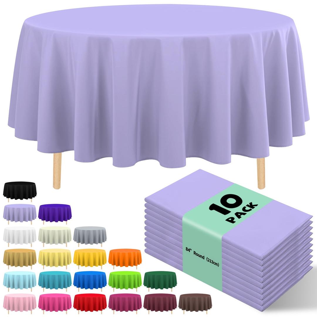 10 Pack Premium Disposable Plastic Tablecloth 84" Round Table Cover for Birthdays Weddings Christmas Anniversary Buffet Table (Light Purple)