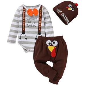SEVEN YOUNG Thanksgiving/Christmas Outfits Infant Baby Boys Xmas Stripe Rompers+Turkey/Deer Pant Set Bodysuit Fall Clothes Size 90