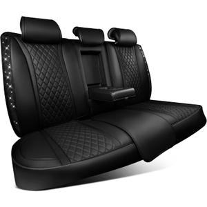 CAR PASS Bling Diamond Back Seat Covers, Nappa Leather Rear Seat Bench Cushion Waterproof Breathable Back Row Protector Universal Fit Car Sedan SUV Pickup Truck Shining Rhinestone Sparkle, Black