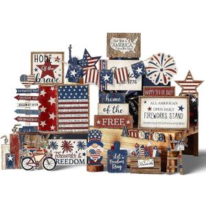 15 Pcs 4th of July Tiered Tray Decor, Memorial Day Wooden Decoration Set, Rustic Table Top Patriotic Centerpiece for Home Farmhouse Kitchen Decoration (Retro ver)
