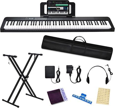 88 Key Digital Piano Electric Keyboard, 88 Key Keyboard Piano for for Beginner, with Power Adapter, Sustain Pedal, Stand, Bluetooth, Carrying Case, Headphones, USB-MIDI, for at Home/Stage