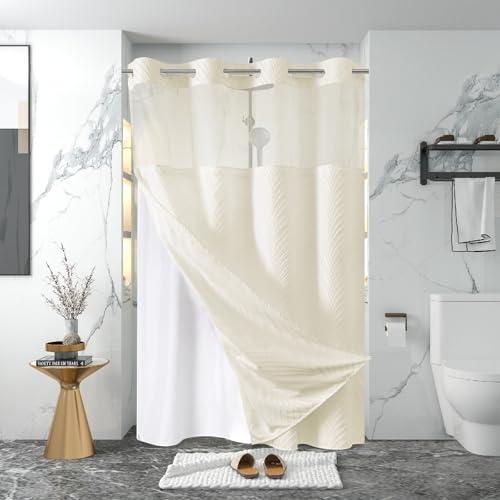 Eachope stall no Hook Tufted Shower Curtain with snap in Liner Set, White Waterproof Fabric Inner Liner,Boho Style Shower Curtain with See Through top Window, Cream, 54Wx80H