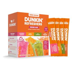 Dunkin Zero Sugar Refreshers Singles To Go! Powdered Drink Mix, 40 Ct Variety Pack, Energy from Green Tea, Aspartame-Free, Just Add Water (EXP 05/01/28)
