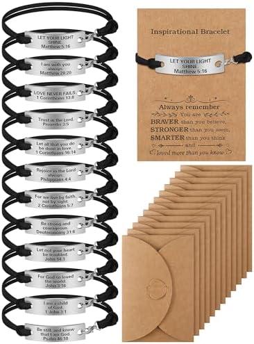 Bucherry 12 Pack Bible Verses Bracelets Christian Gifts for Women Men with Cards Envelopes Engraved Inspirational Leather Friendship Bible Verse Bracelets for Vbs Church Party Supplies