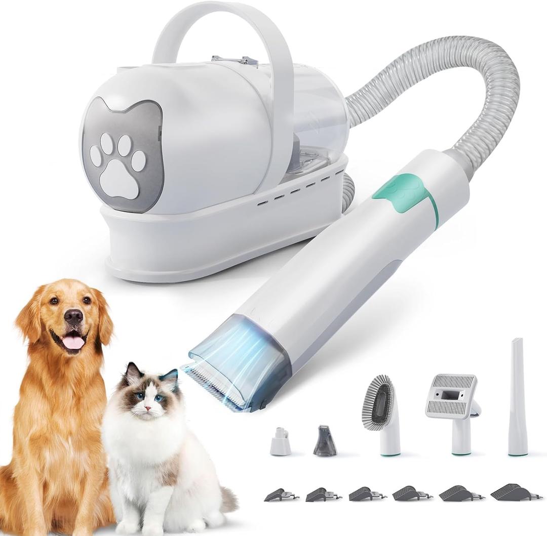 Dog Grooming Kit, Pet Grooming Vacuum with Pet Clipper Nail Grinder, Dog Hair Vacuum with 6 Pet Grooming Tools for Dogs Cats Shedding Grooming (White)
