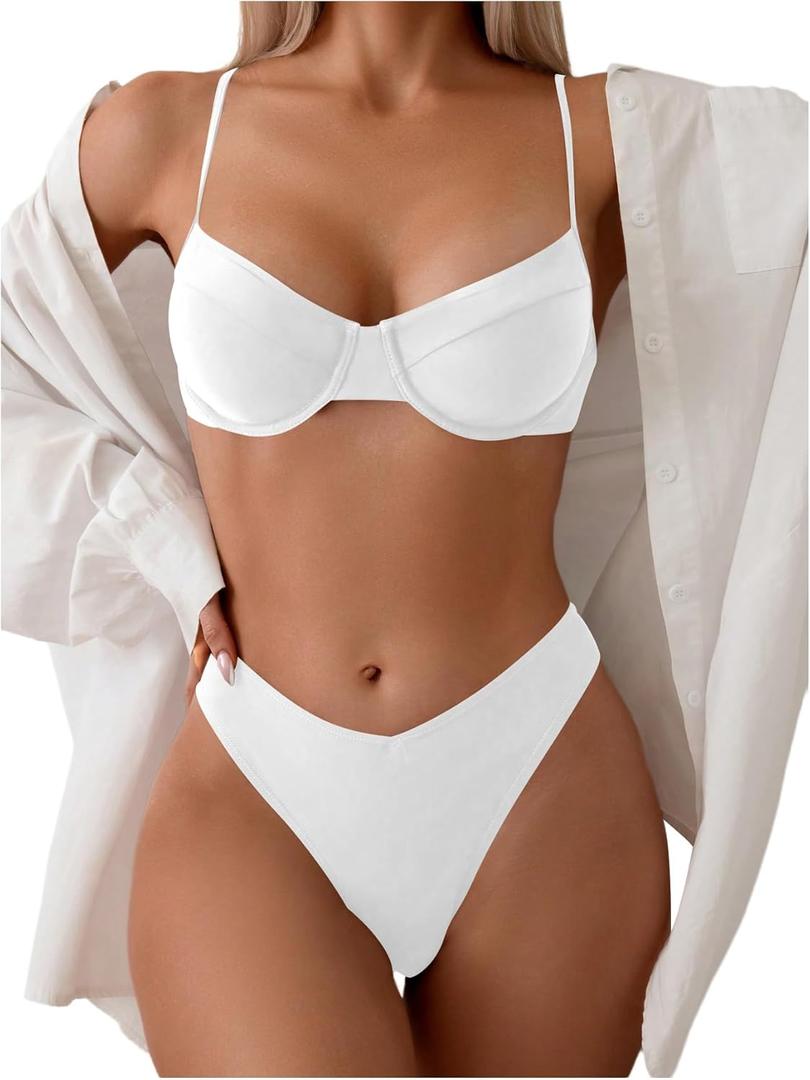 SweatyRocks Women's 2 Piece Bikini Set Spaghetti Strap High Cut Push Up Underwire Swimsuit (Large, White)