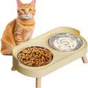 Elevated Cat Bowl, Raised Cat Food and Water Bowl Set for Indoor Cats, Splash Proof with 2 Stainless Steel Pet Food Bowls for Cats and Puppies, Whisker Fatigue and Dishwasher Safe - Yellow