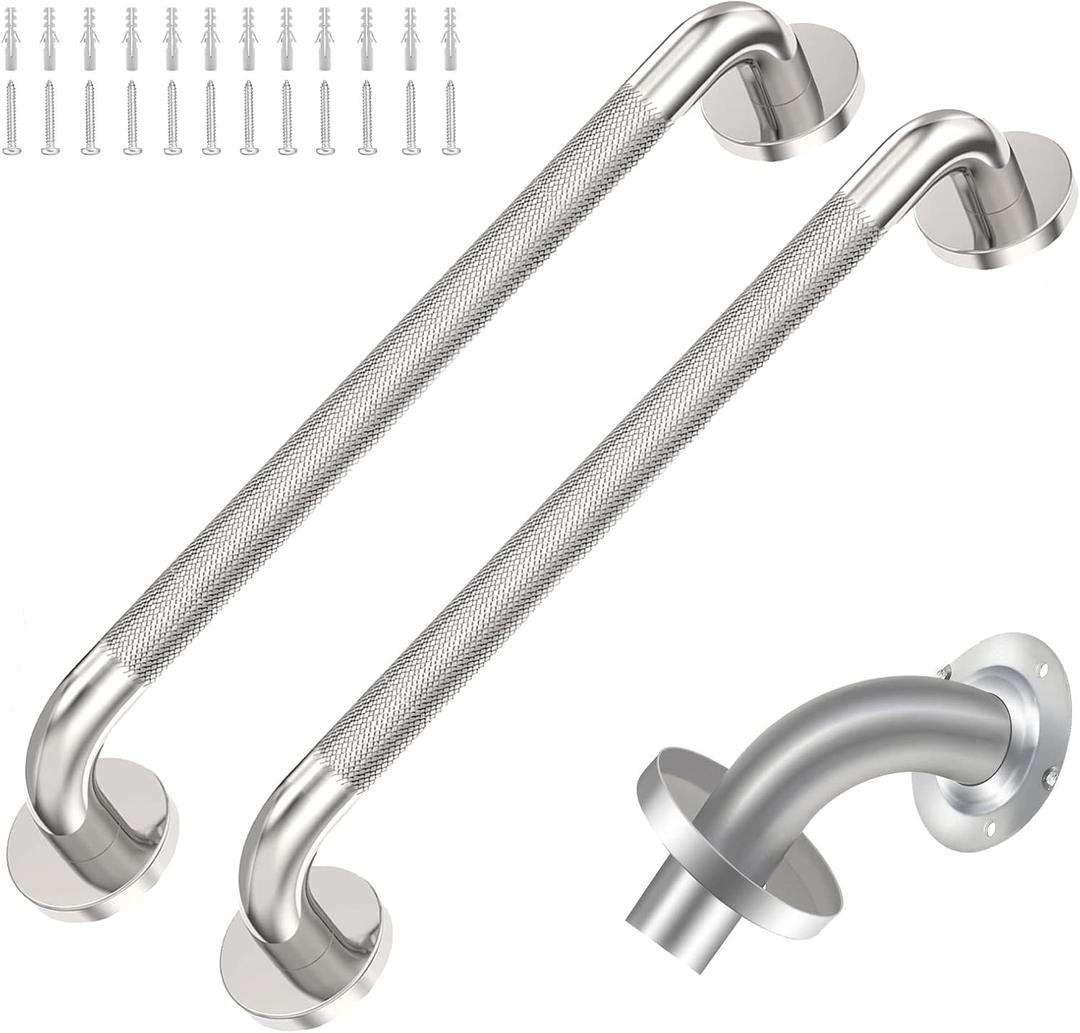 2 Pack 18 inch Shower Grab Bar with Knurled Anti-Slip Grip, ADA 500lbs Supporting, Grab Bar for Bathroom with Concealed Screws, Stainless Steel Chrome Polished Handicap Grab Bar for Gifts