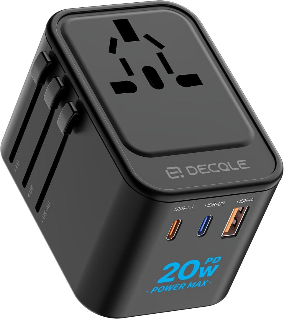 Universal Travel Adapter, International Travel Plug Adapter with 2 USB-C(PD 20W)  1 USB-A Ports, All in One Portable Adaptor, for USA, UK, EU, AU  224+ Countries (Black) US