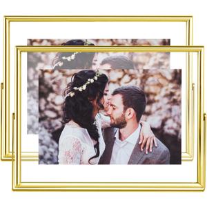 4x6 Floating Picture Frames Set of 2, Made of Metal and Double Real Glass, for Photo Size up to 6x8, Tabletop Display Home or Wedding Decoration (Horizontal Gold)