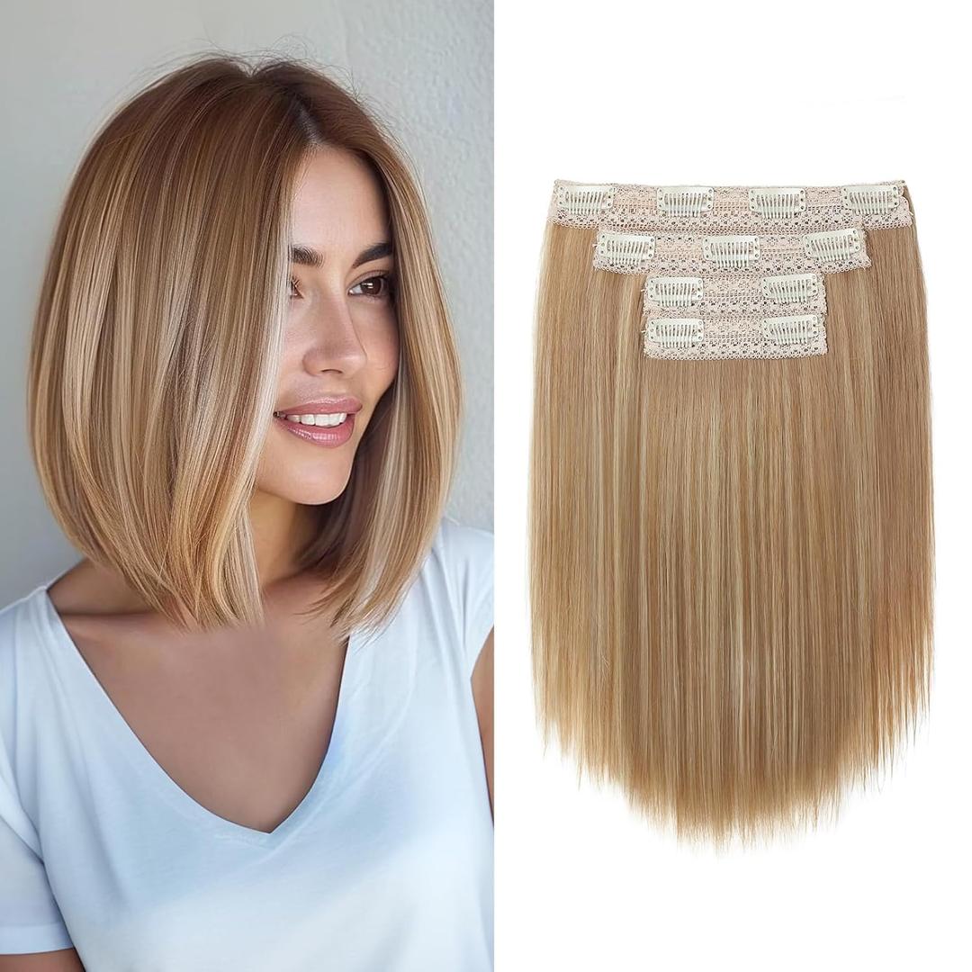 Hair Extensions, 10" Short Clip in Hair Extensions 4PCS Straight Natural Soft Synthetic Hairpiece for Women- Light Brown with Highlights