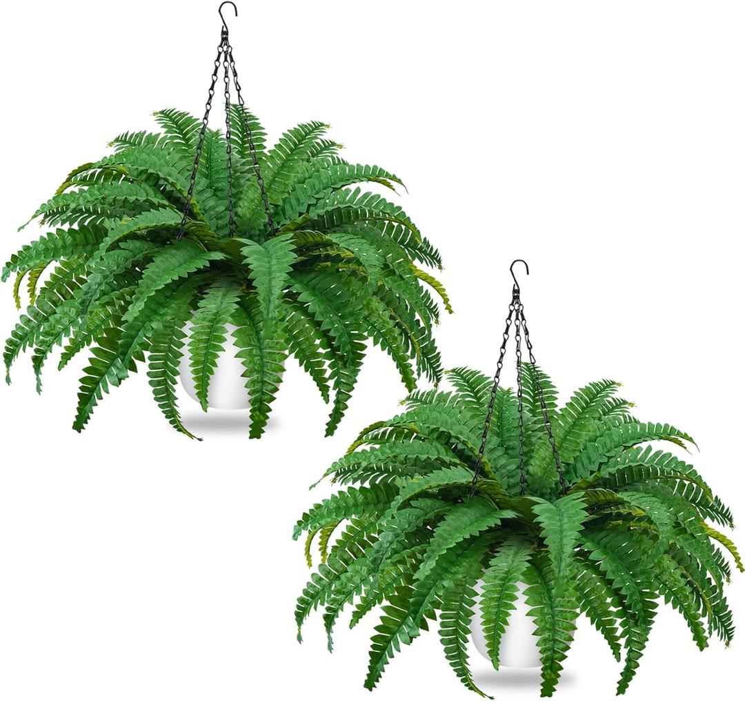 2Pack Artificial Boston Ferns Hanging Plants 23.6'' Fake Silk Fern 50 Leaves That Look Real in Pots for Outdoors & Indoor Faux Potted Plant for Home Porch Patio Garden Decor (Green)