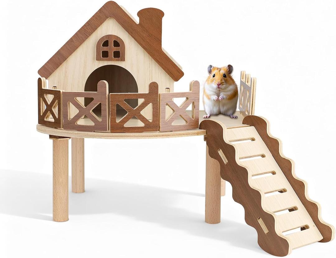 Wooden Hamster Platform, Natural Wood Small Animal Cage Platform with Ramp and Ladder for Hamsters Gerbils Mice, Hideout for Climbing Enrichment, Syrian Dwarf Hamster Castle Cage Accessories (Large)