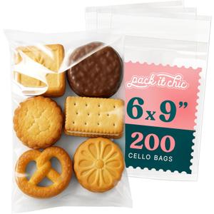 6" X 9" Self Sealing Cellophane Bags (200 Pack) - Clear Cookie and Pretzel Rod Bags With Seal for Baked Goods Packaging, Cookie Wrappers, Bakery Packaging, Bake Sale, Candy, Treats, Goodies, Gifts