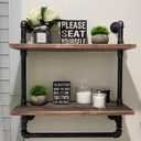 Industrial Bathroom Shelves Wall Mounted 2 Tiered,24in Pipe Shelving Wood Shelf with Towel Bar,Rustic Farmhouse Towel Rack,Metal Floating Shelves Towel Holder,Iron Distressed Shelf Over Toilet