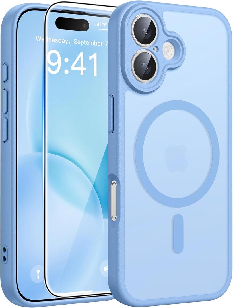 FNTCASE for iPhone 16 Case [Compatible with Magsafe] Translucent Matte Cases with [Screen Protector] Military Grade Shockproof Protective Phone Cover - Light Blue