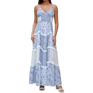 ABYOVRT Women Floral Maxi Dress Spaghetti Straps V Neck Patchwork Flowy Boho Sundress Tiered Long Dresses L