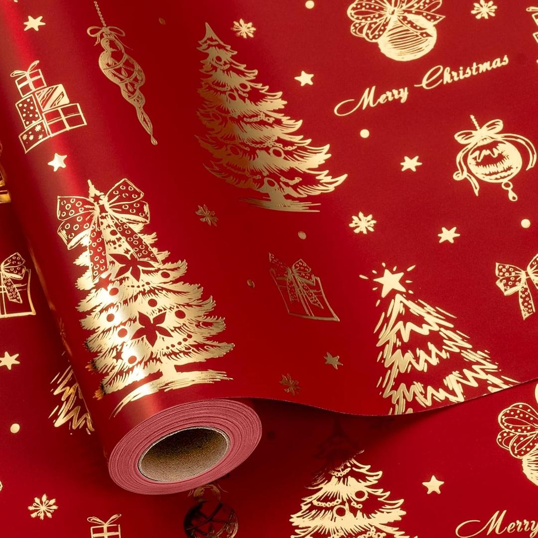 Yarcony Christmas Wrapping Paper, Red Gift Wrapping Paper, Luxury Red and Gold Christmas Tree, Bell, and Bow Foil Holiday Gift Wrap Paper for Present Packaging, Crafts (Mini Roll, 17 Inch X 33 Feet)