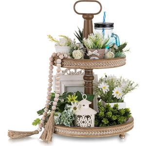 Hanobe Two Tiered Tray Stand: Boho Spring 2 Tier Decorative Trays - Vintage Round Coffee Table Decor Display Stands for Living Room Kitchen Centerpieces