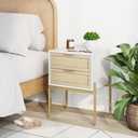 Andrew End, Bedside or Side Table in Matte White Finish with Two Natural Rattan Drawers Doors for Storage and Brass Gold Accents for Living Room or Bedroom, White/Cane/Gold, Set of 2