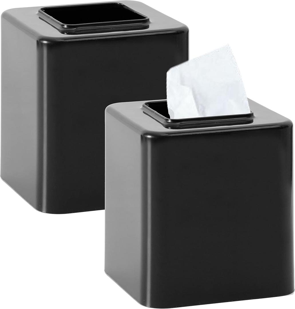 Youngever 2 Pack Tissue Box Covers, Plastic Square Tissue Box Holders, Square Napkin Box Holders (Black)
