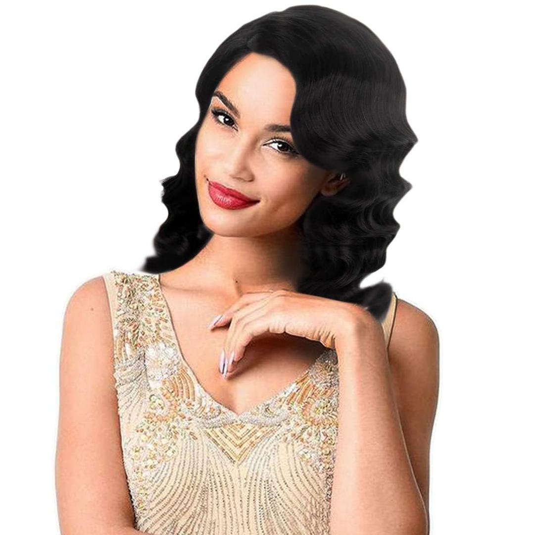 H&Bwig 1920s Flapper Wig Long Curly Bob Wigs For Women Lady 20's Party Cosplay Halloween Black Vintage Wigs